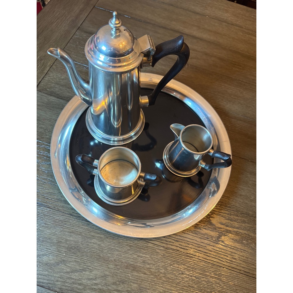 Kirk Stieff Pewter Coffee Tea Set 4pc Tray Pot Sugar Creamer Mid Century